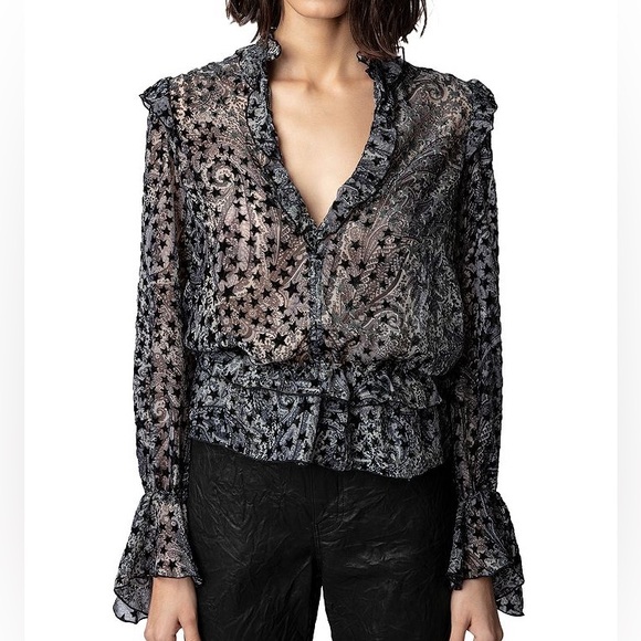 Zadig & Voltaire Tuya Star Pattern Ruffle Sleeve Blouse Top Women’s Size L Large - Picture 1 of 10